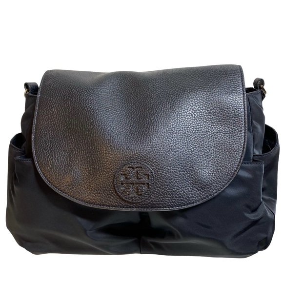 Tory Burch Black Leather Nylon Messenger Diaper Bag Adjustable Strap Pockets - Picture 1 of 14
